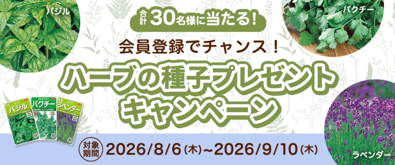 合計30名様に当たる！　会員登録でチャンス！　ハーブの種子プレゼントキャンペーン　対象期間 2026/8/6(木) ～ 2026/9/10(木)